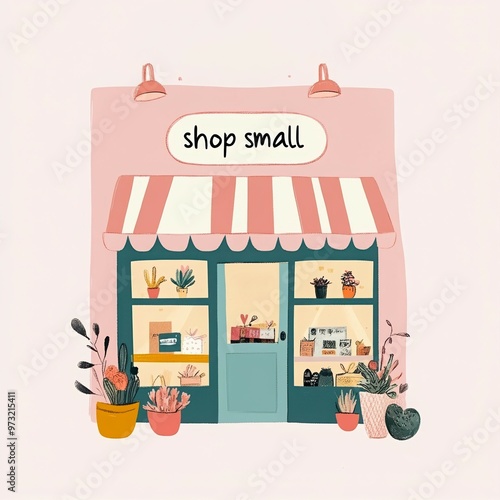 charming illustration of small pink storefront with potted plants, signboard saying SHOP SMALL above entrance. concepts. advertisements for local businesses, support local, supporting small business.