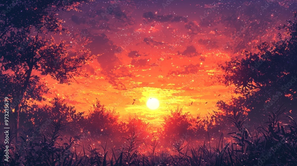 A dreamy sunset scene with a grainy gradient sky transitioning from deep oranges to soft purples, creating a warm, nostalgic feel A dreamy sunset scene with a grainy gradient sky transitioning from deep oranges to soft purples, creating a warm, nostalgic feel