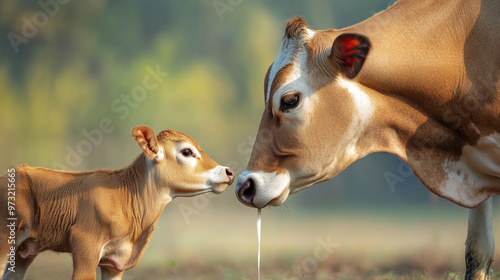 A young ox is drinking milk from its mother cow. photo