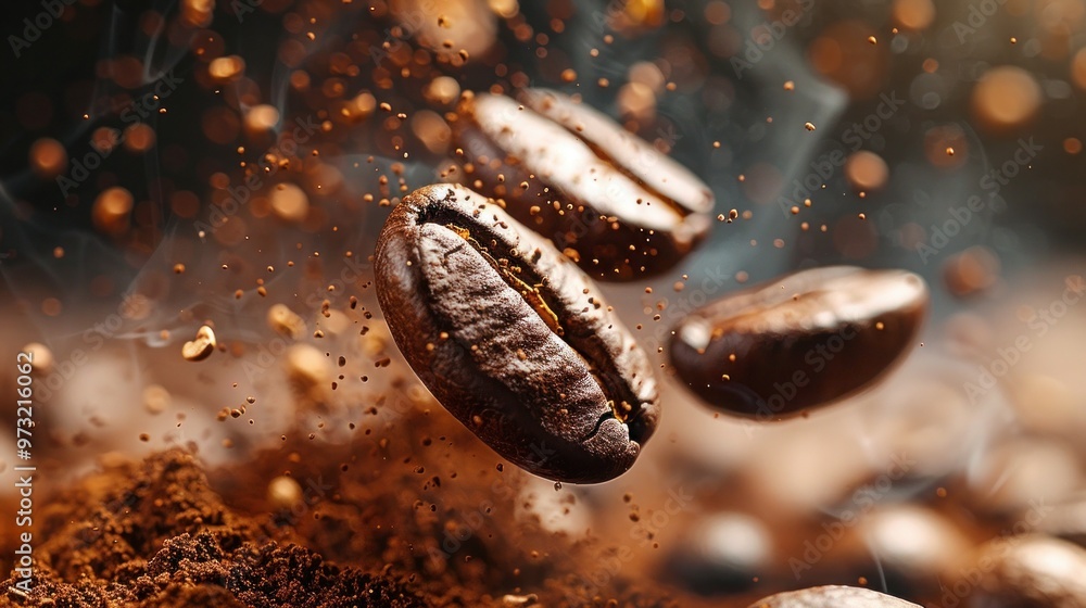 Roasted Coffee Beans Falling on White Background Roasted Coffee Beans Falling on White Background