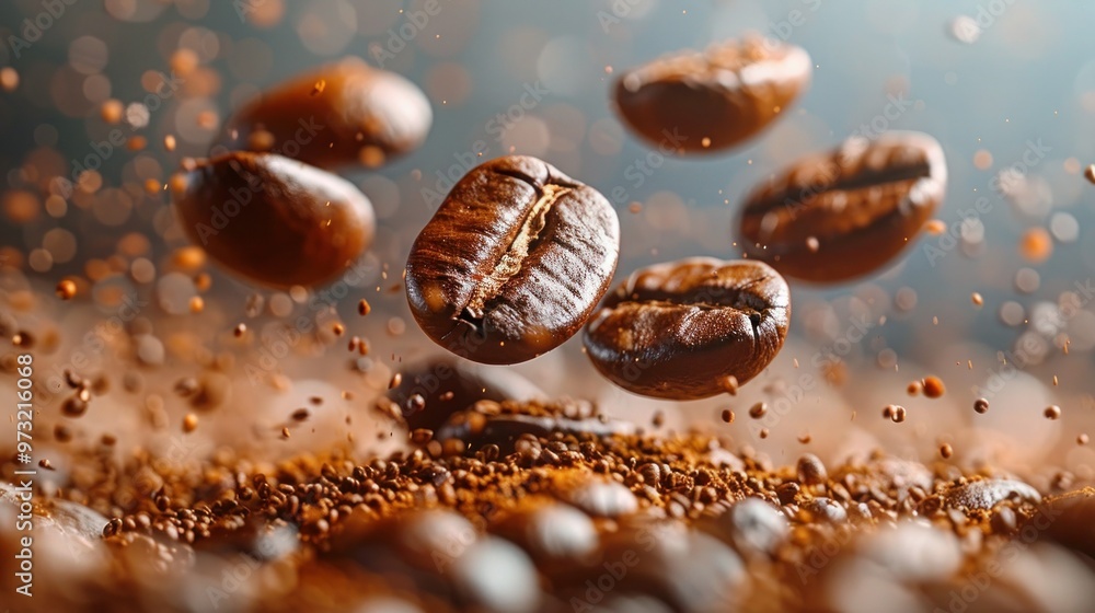 Roasted Coffee Beans Falling on White Background Roasted Coffee Beans Falling on White Background