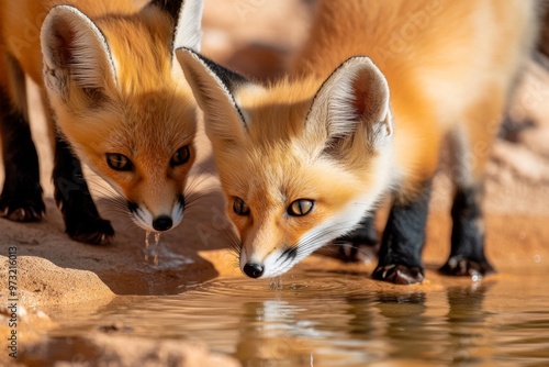 A family of desert foxes drinking from the oasis, their fur blending in with the sandy landscape as they enjoy the refreshing water photo