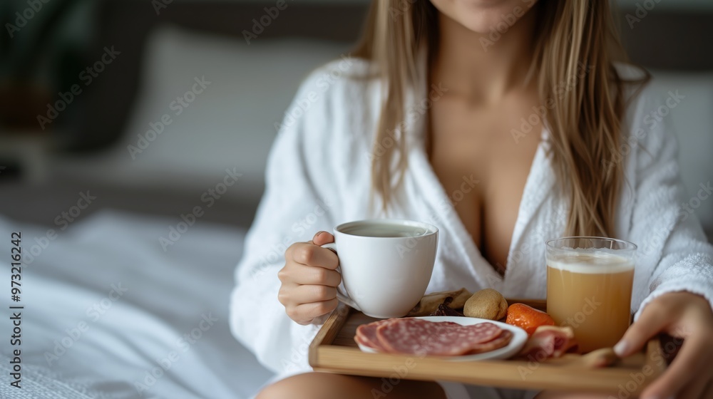 Relaxing morning with coffee and breakfast in cozy white robe Relaxing morning with coffee and breakfast in cozy white robe