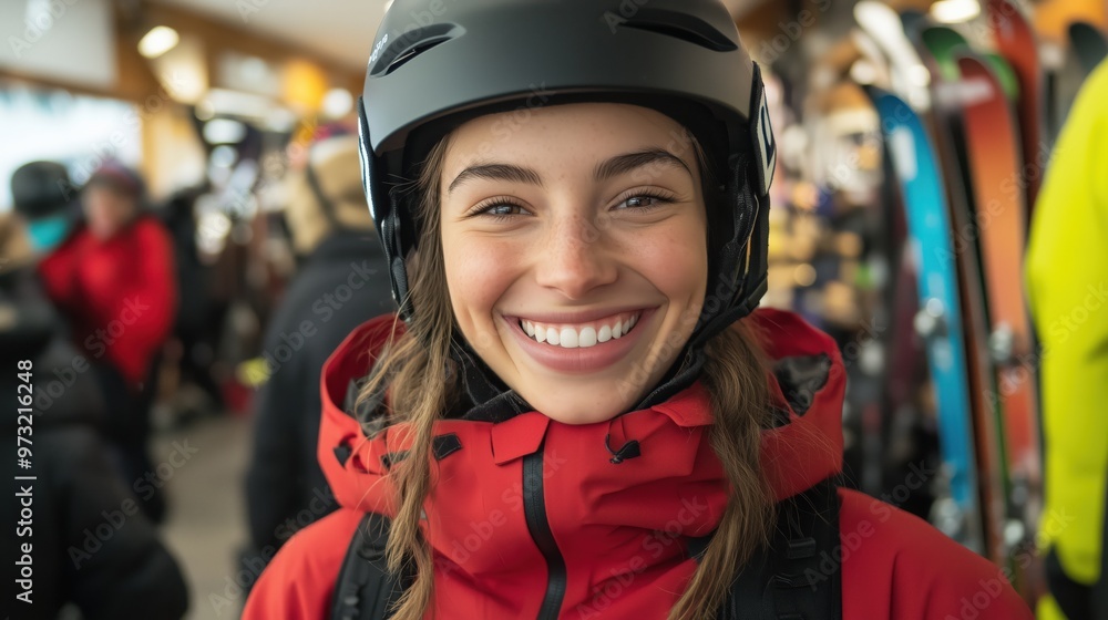 Joyful winter adventure: woman in red jacket and black helmet smiling at ski resort Joyful winter adventure: woman in red jacket and black helmet smiling at ski resort
