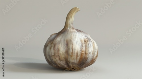 A detailed view of a garlic bulb, with its papery wrapping and cloves visible photo