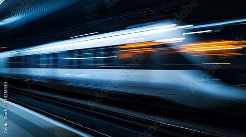 Train Passing in Motion Blur with a Dynamic Background – Captivating Image Capturing the Speed and Energy of a Moving Train, Ideal for Transportation, Travel, and Motion-Themed Visuals. photo