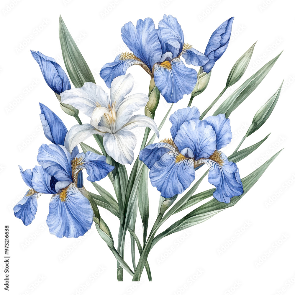 A beautiful arrangement of blue and white irises showcasing vibrant colors and delicate petals, perfect for floral designs.