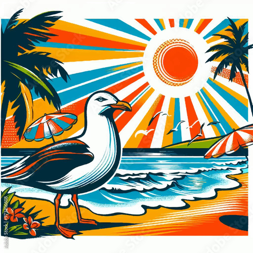 seagull on the beach with palm trees pop art summer illustration