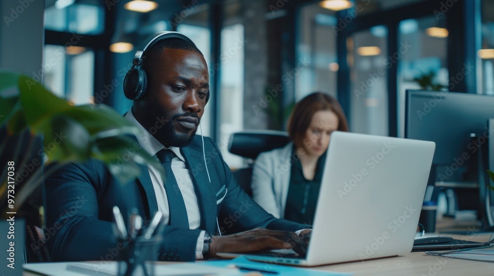A man sits at a desk with a laptop, focused on his work A man sits at a desk with a laptop, focused on his work