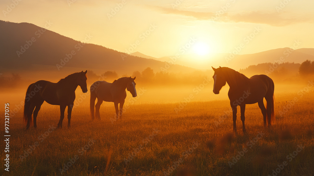 Arabian horses graze in a field as the sun sets, casting orange light. The scene is dramatic and foggy, with the Carpathian mountains in the background. This beautiful place is in Ukraine, Europe. Arabian horses graze in a field as the sun sets, casting orange light. The scene is dramatic and foggy, with the Carpathian mountains in the background. This beautiful place is in Ukraine, Europe.