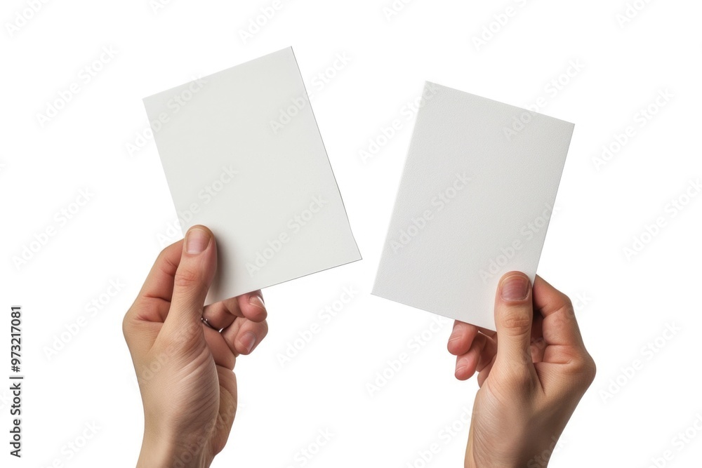 A pair of hands hold up two blank white presentation cards, ready for notes or information A pair of hands hold up two blank white presentation cards, ready for notes or information