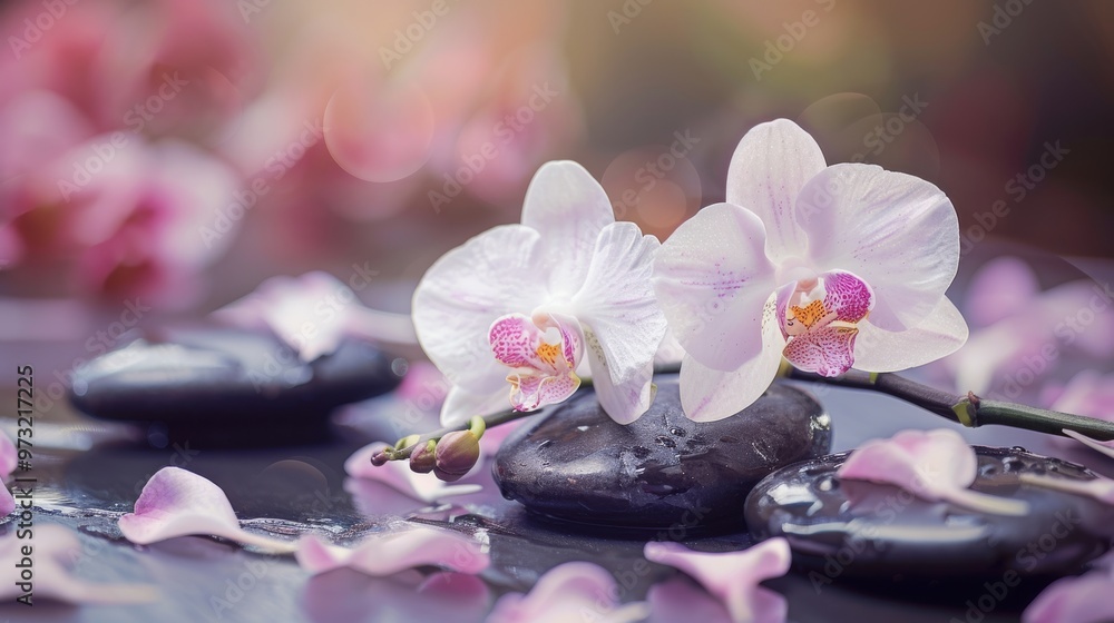 Smooth stones and orchid flowers on massage table Close-up photo with clean background Smooth stones and orchid flowers on massage table Close-up photo with clean background