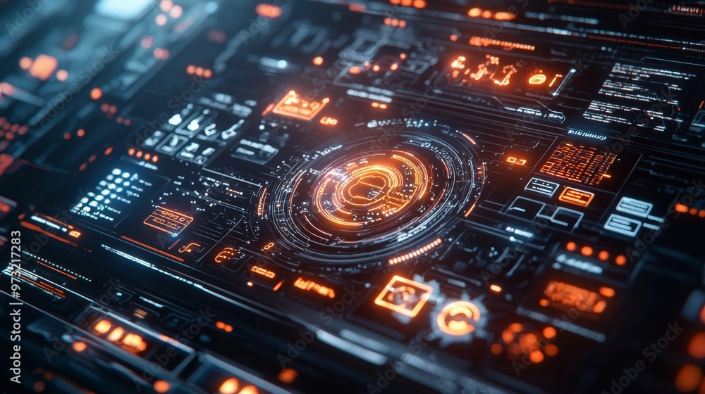 A futuristic digital interface with floating 3D glowing icons and holograms, conveying a high-tech and sci-fi feel A futuristic digital interface with floating 3D glowing icons and holograms, conveying a high-tech and sci-fi feel