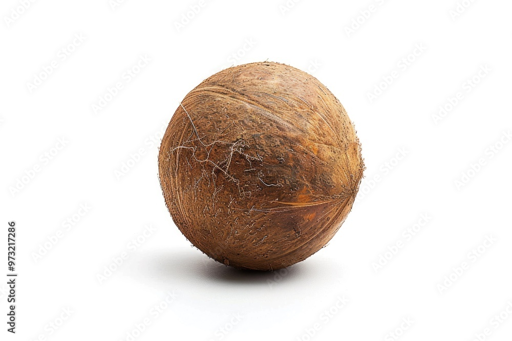 A single whole coconut placed on a white surface A single whole coconut placed on a white surface