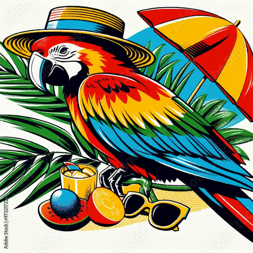 colorful parrot on the beach with a summer hat summer pop art illustration 