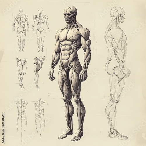 Anatomy Sketch  Human Body Muscles  Front  Back  Side Views