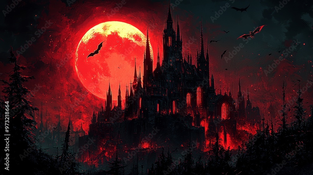 Gothic Castle Silhouette Against Blood Red Moon and Forest Gothic Castle Silhouette Against Blood Red Moon and Forest