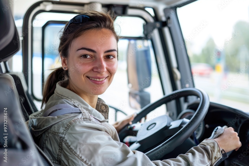 A happy woman behind the wheel of a truck, smiling as she drives A happy woman behind the wheel of a truck, smiling as she drives