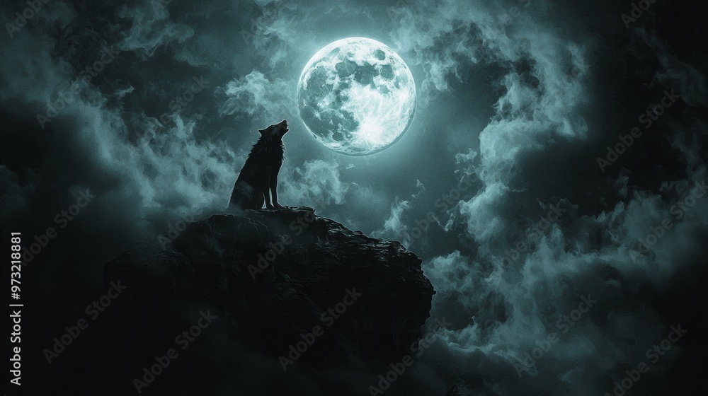 Wolf Howling at the Full Moon in a Dramatic Night Sky Wolf Howling at the Full Moon in a Dramatic Night Sky