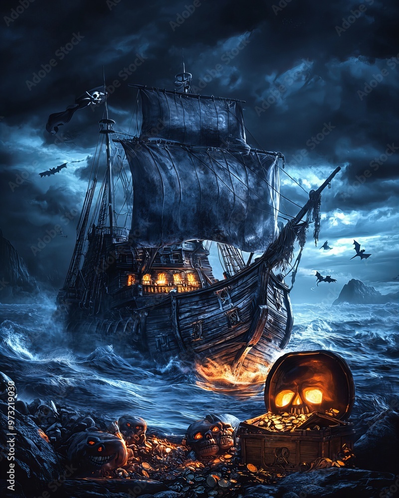 custom made wallpaper toronto digitalPirate-themed Halloween card, spooky pirate ship on stormy seas.