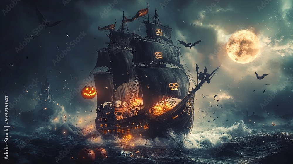 Naklejka premium Pirate-themed Halloween card, spooky pirate ship on stormy seas.