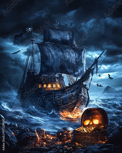 Pirate-themed Halloween card, spooky pirate ship on stormy seas.