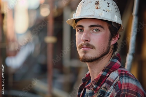 A man wearing a hard hat and a plaid shirt, generative ai image