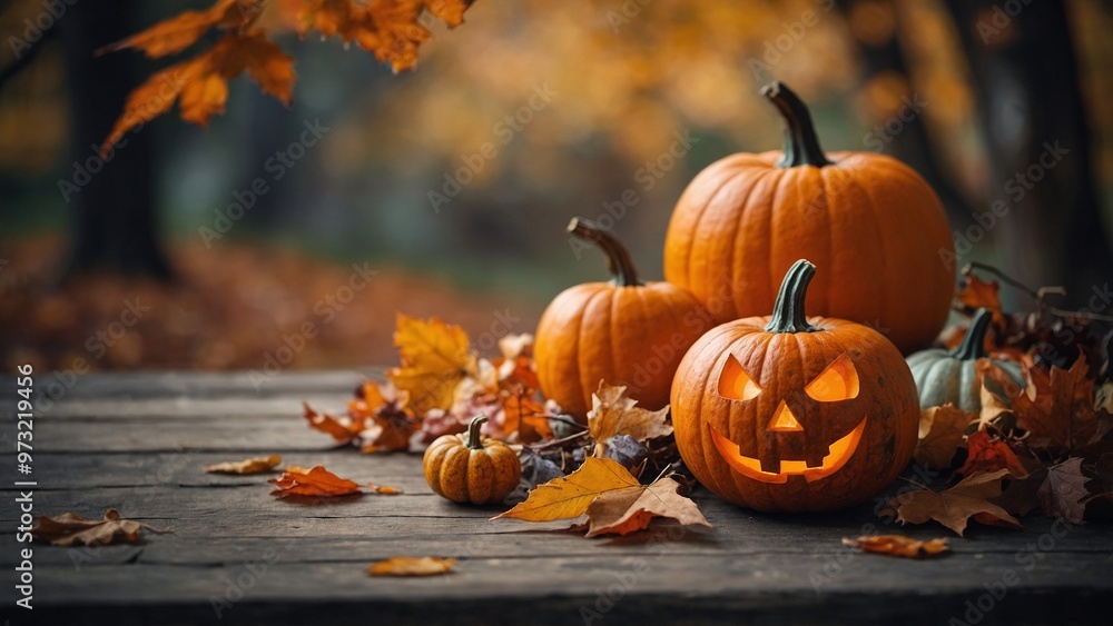 Halloween pumpkins on a rustic wood table with autumn trees background Halloween pumpkins on a rustic wood table with autumn trees background