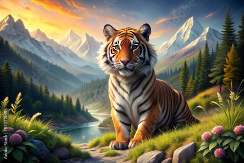 Majestic Tiger in a Mountainous Landscape with a River photo