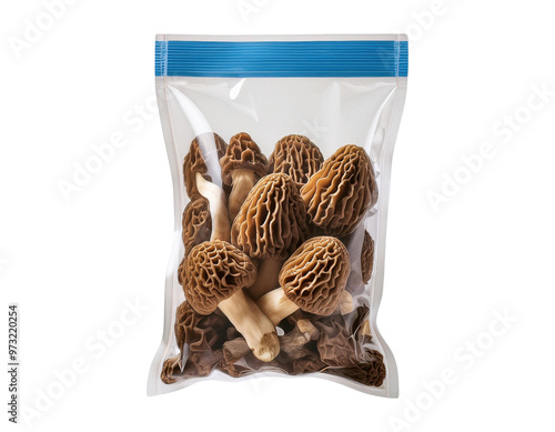 A clear bag filled with fresh morel mushrooms, showcasing their unique texture and earthy colors, perfect for culinary creations.