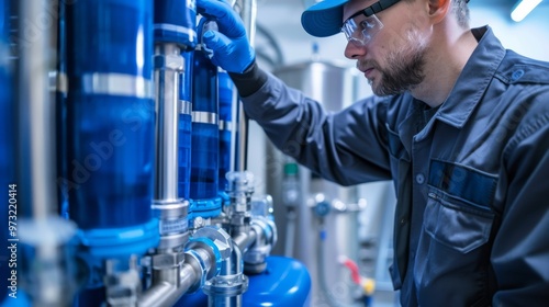 Technician maintaining a water purification unit Close-up photo with clean background photo