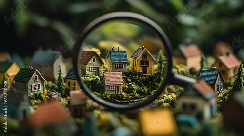 A magnifying glass hovers over small houses, symbolizing the process of buying real estate and happily living in it