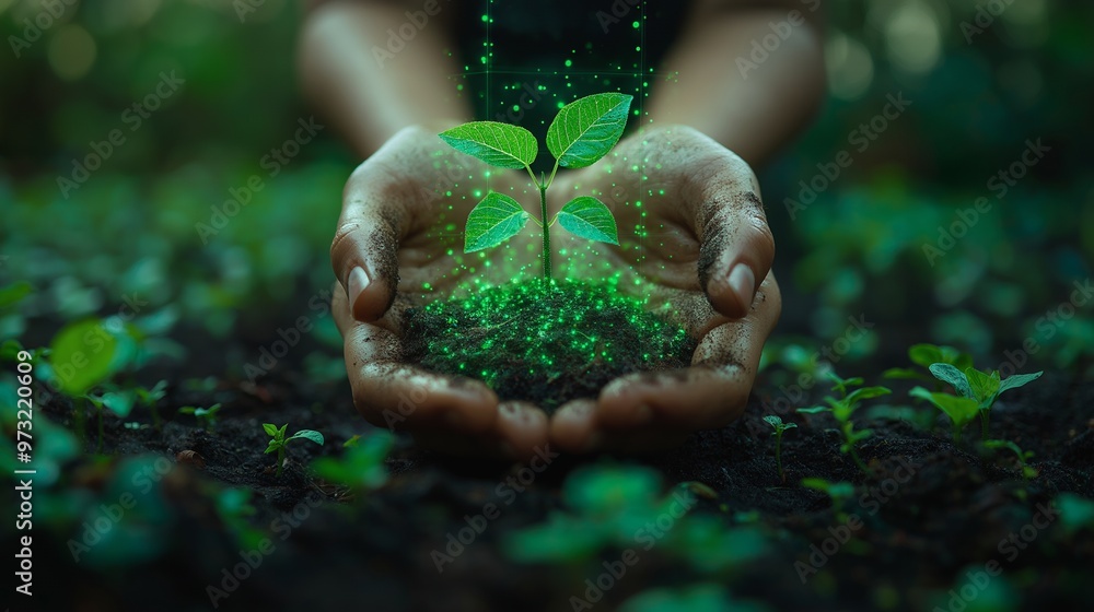 A pair of hands cradles a young plant seedling with a glowing green light emanating from the soil. A pair of hands cradles a young plant seedling with a glowing green light emanating from the soil.