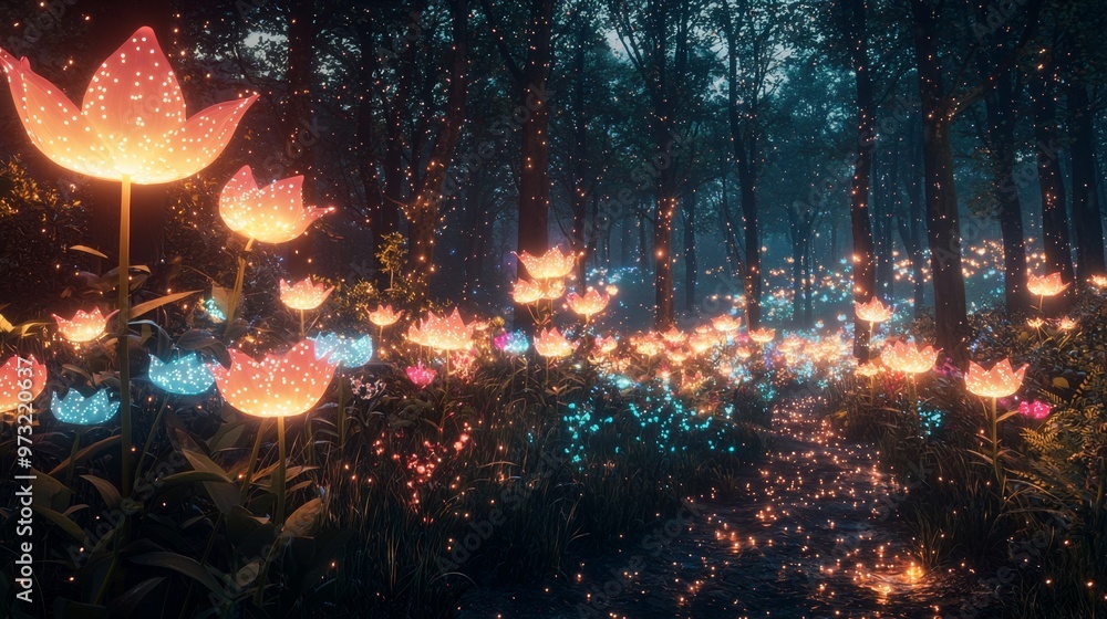A magical forest at night, with trees and flowers that have a 3D glow effect, emitting soft, colorful lights that create a mystical ambiance A magical forest at night, with trees and flowers that have a 3D glow effect, emitting soft, colorful lights that create a mystical ambiance