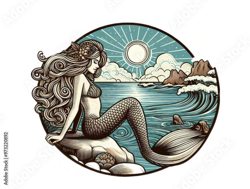 summer illustration a mermaid sits on a stone