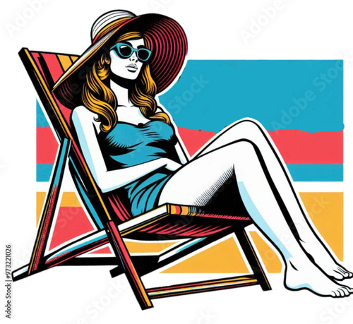woman in a summer hat sits on a deck chair summer illustration