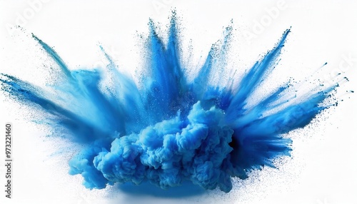 Vivid Explosion of Vibrant Blue Powder in Mid-Air, Capturing Dynamic Energy and Motion Against a Crisp White Background with Fine Particles Scattering in All Directions photo