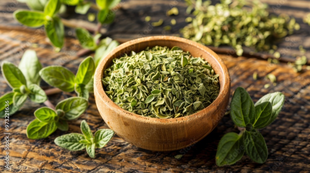 Aromatic Dried Oregano in Wooden Bowl with Fresh Leaves Aromatic Dried Oregano in Wooden Bowl with Fresh Leaves