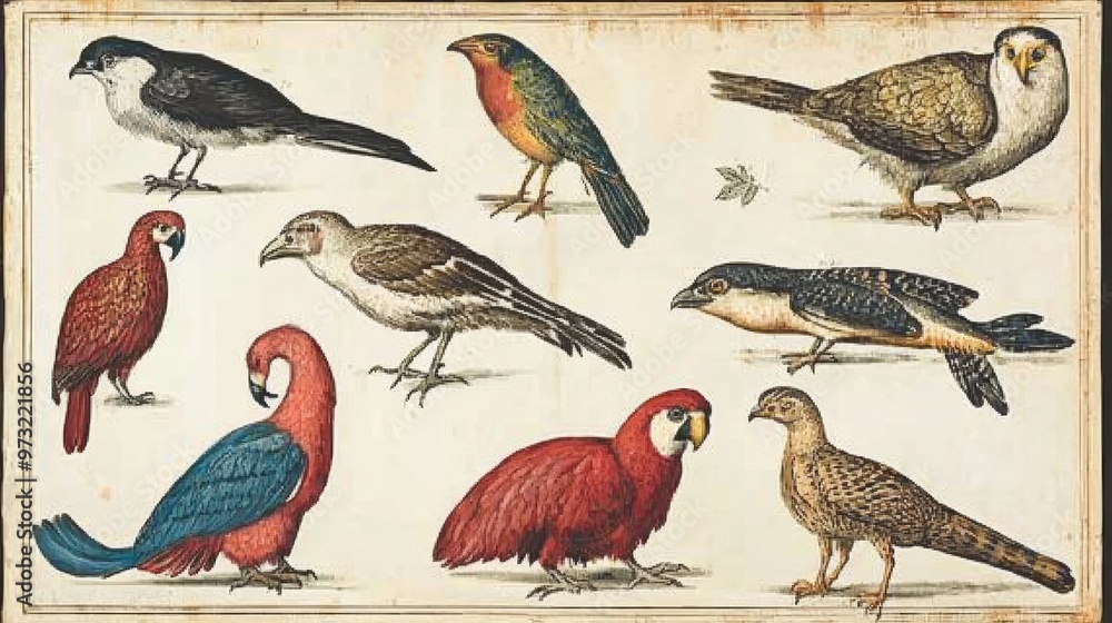 Naklejka premium A natural history engraving showing a collection of exotic animals, each rendered in meticulous detail with textures that highlight their fur, scales, or feathers