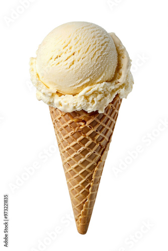 A delicious vanilla ice cream cone, perfect for a warm day, showcasing a smooth scoop atop a crispy waffle cone.