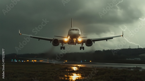 Passenger plane approaching runway amidst lightning storm for dramatic aviation photography