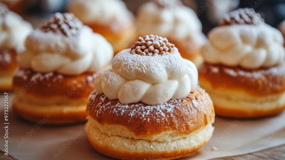 Close-up of Freshly Baked Cream Buns with Sugar Powder Close-up of Freshly Baked Cream Buns with Sugar Powder