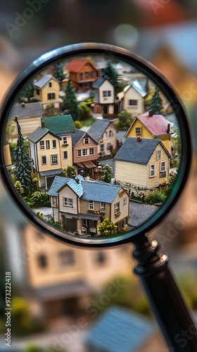 A magnifying glass hovers over small houses, symbolizing the process of buying real estate and happily living in it