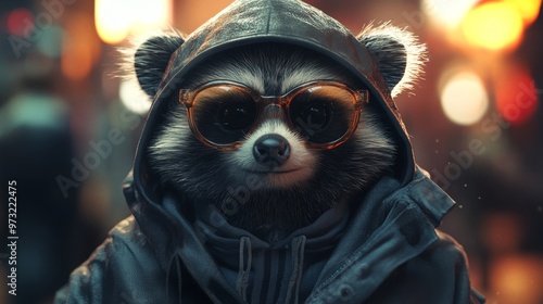 Stylish Raccoon in Sunglasses and Hoodie on Urban Background