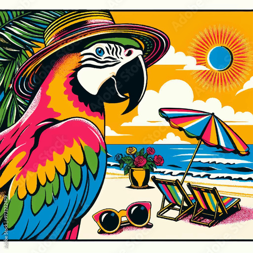 colorful parrot on the beach summer pop art illustration