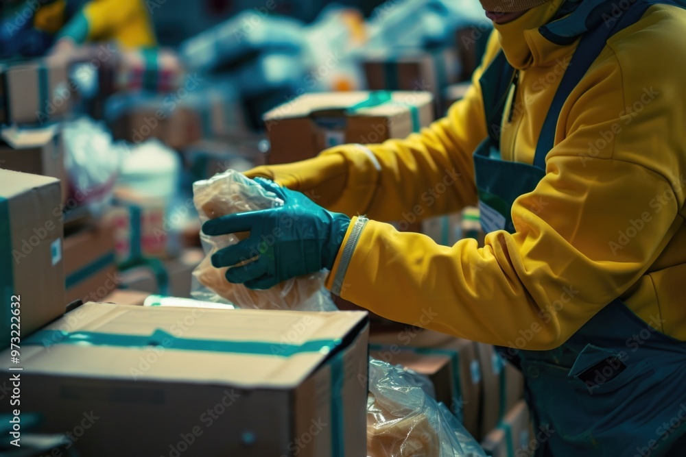 A person wearing a yellow jacket and blue gloves, possibly for work or outdoor activities A person wearing a yellow jacket and blue gloves, possibly for work or outdoor activities
