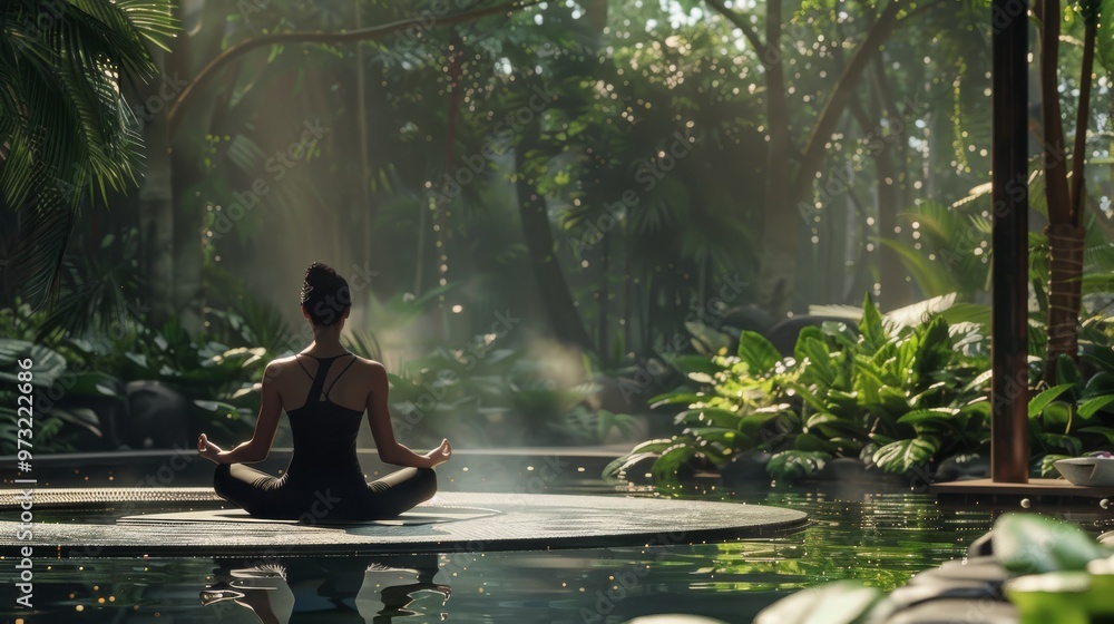 Woman meditating in a spa garden surrounded by lush greenery and tranquility Close-up photo with clean background Woman meditating in a spa garden surrounded by lush greenery and tranquility Close-up photo with clean background