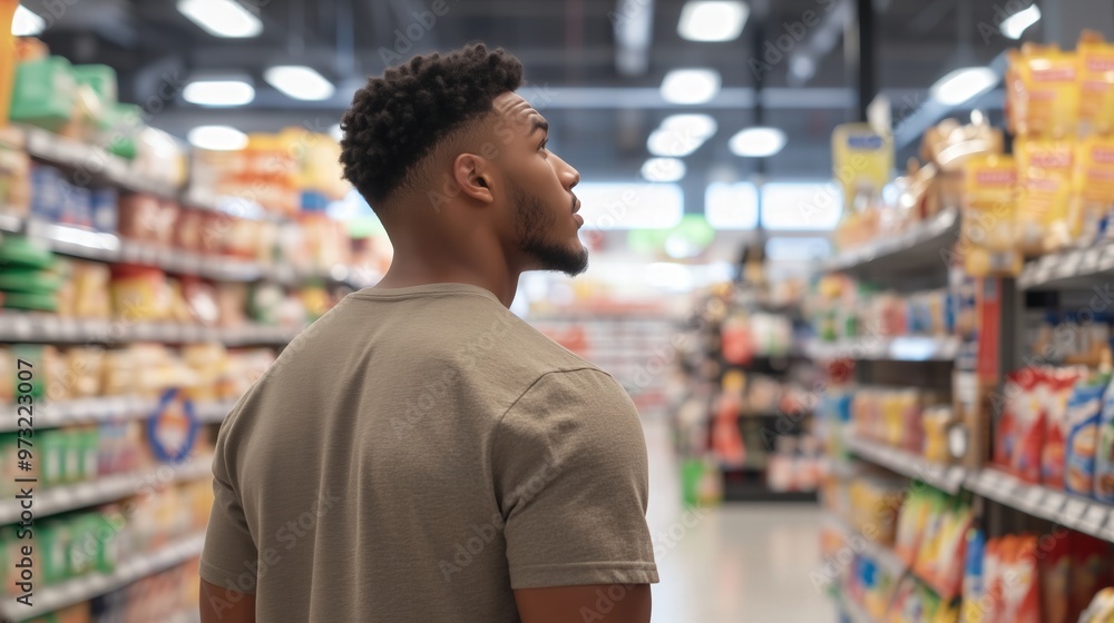 Young adult exploring grocery store aisles for spring essentials and fresh ingredients Young adult exploring grocery store aisles for spring essentials and fresh ingredients
