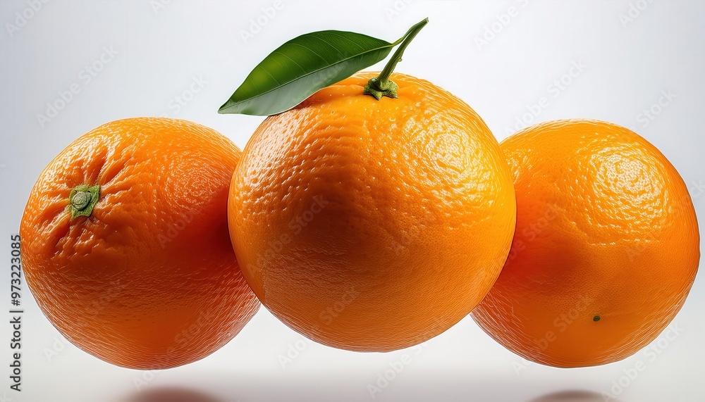 Close-up of Three Floating Vibrant Oranges with Textured Skins and Stem Details Against a White Background in Crisp Lighting Close-up of Three Floating Vibrant Oranges with Textured Skins and Stem Details Against a White Background in Crisp Lighting