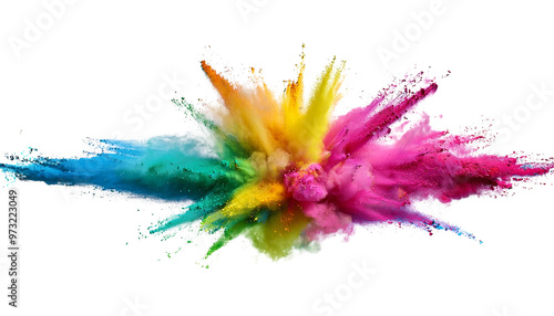 Pink, yellow, green and blue explosion smoke of holi paint color powder isolated on transparent or white background